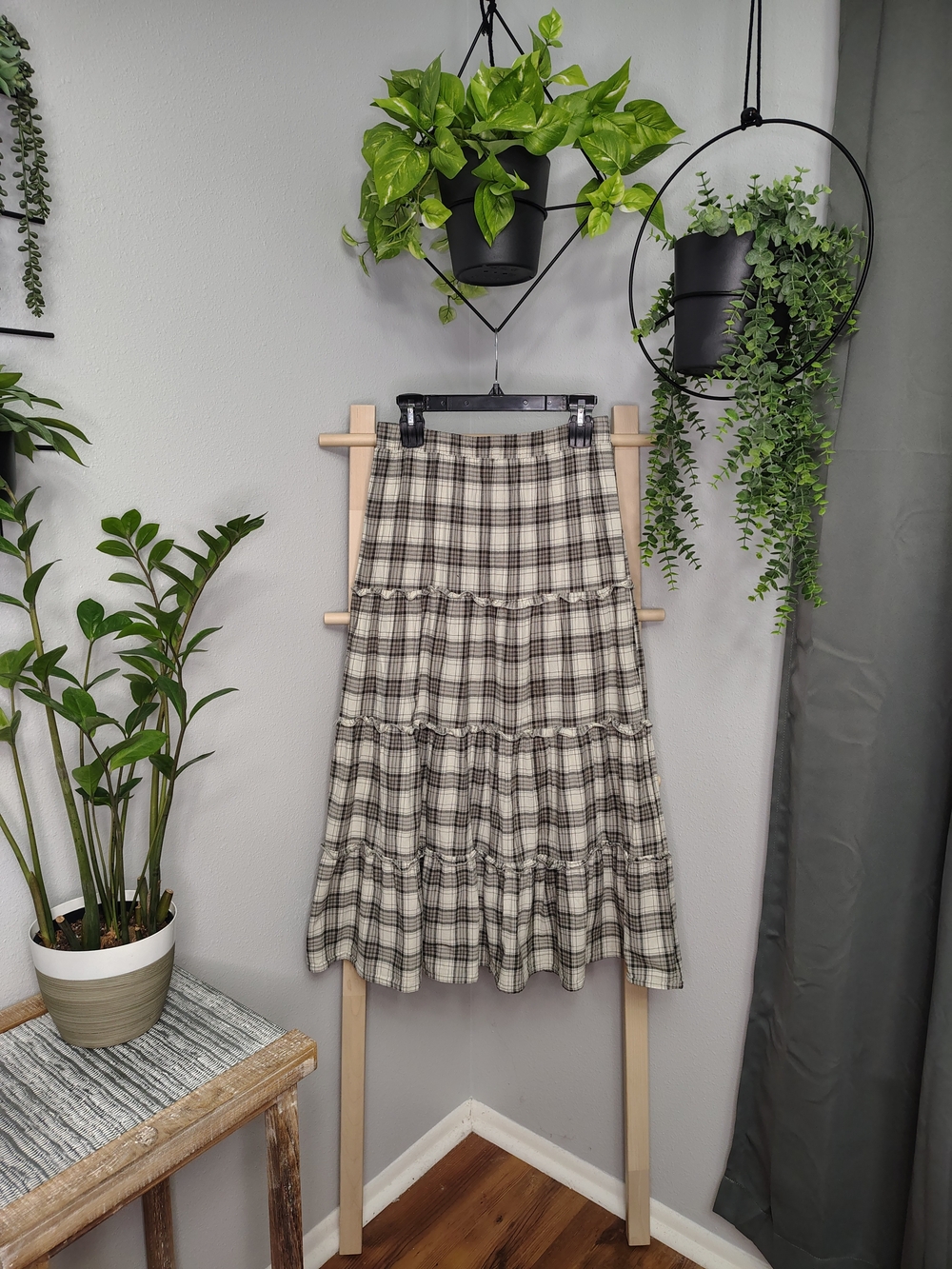 Tiered Plaid Maxi Skirt in White and Brown - Picture 2 of 5